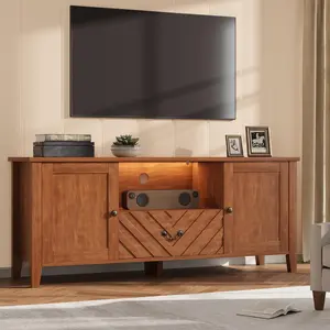 TV Stands for Living Room, Entertainment Center with Led Lights, Television Stands for 65 Inch Tv, TV Console Table with 2 Storage and 1 Drawer, V-Shaped Retro TV Table for Bedroom