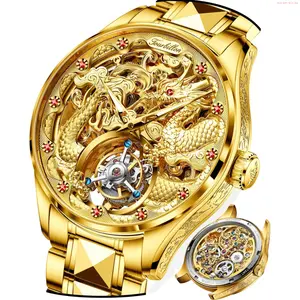 OLEVS Watch OUPINKE Gold Dragon Watches for Men Tourbillon Skeleton Mechanical Luxury Dress Automatic Self Winding Tungsten Steel Waterproof Sapphire Crystal Luminous Men’s Wrist Watch
