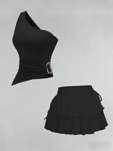 Classic Comfortable Casual Versatile Ruffled Women's Skirt Set, Stylish Half-Sleeve Design, Perfect for Daily Wear &