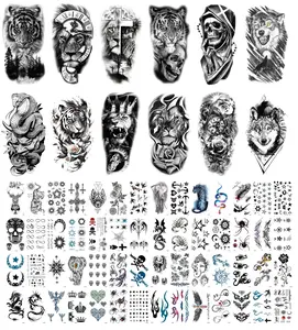 68 Sheets Large-Size Black Temporary Tattoos Stickers,Forearm Designs Featuring Tribal, Wolf, Tiger, Lion, Owl, Skeleton Skull, Temp Halloween Fake Tattoo Stickers, Rose, and Animals