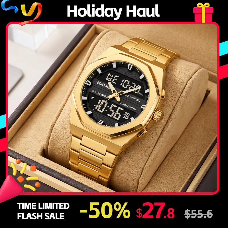 SKMEI Digital Watch for Men Steel Bracelet Outdoor Sport with EL Backlight Stopwatch Alarm 3 Time Display Modes Date Day Countdown Zinc Case Style for Work and Daily Wear