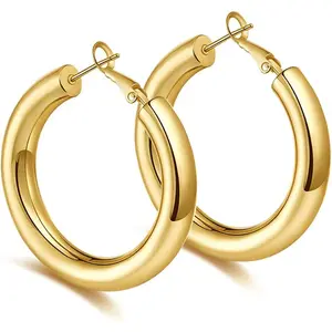 925 Sterling Silver Post Chunky Gold Hoop Earrings, 14K Gold Plated Earrings for Women Lightweight Hollow Tube 25mm-70mm