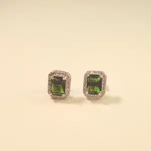 #3092 Green Emerald Cut Costume Jewelry Stud Earrings