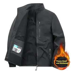Black Fleece Lined Warm Jacket Men - With Zipper Pockets, Thickened Fleece Lining, Windproof Casual Coat For Autumn And Winter