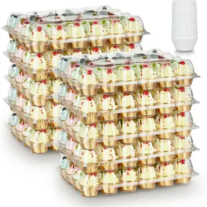 Gencywe (24 Pack x 10 Sets) Stackable Cupcake Carrier Holders with 240 Pack Cupcake Liners, Plastic Cupcake Boxes Holders for 24 Cupcakes, High Tall Dome Lid Cupcake Containers, Clear Cupcake Trays