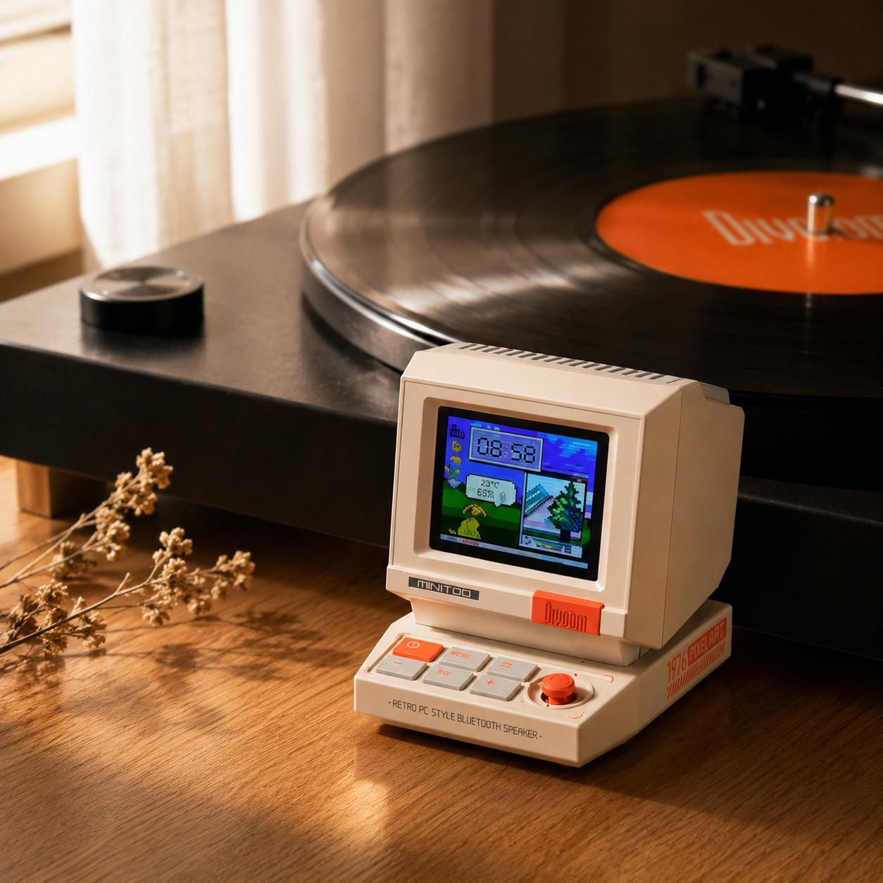 Divoom MiniToo Retro Pixel Bluetooth Speaker – 90s-Inspired PC Design,App Control, Alarm, White Noise, Retro Desk Portable Speaker for Music,Gaming Room Decor