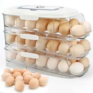 Egg Dispenser for Refrigerator, 3-Layer Clear Plastic Egg Holder Adopt Transparent PET Material & Hidden Handle Design – Egg Organizer for Refrigerator with Cover Lock Buckle (Capacity of 42 Eggs)