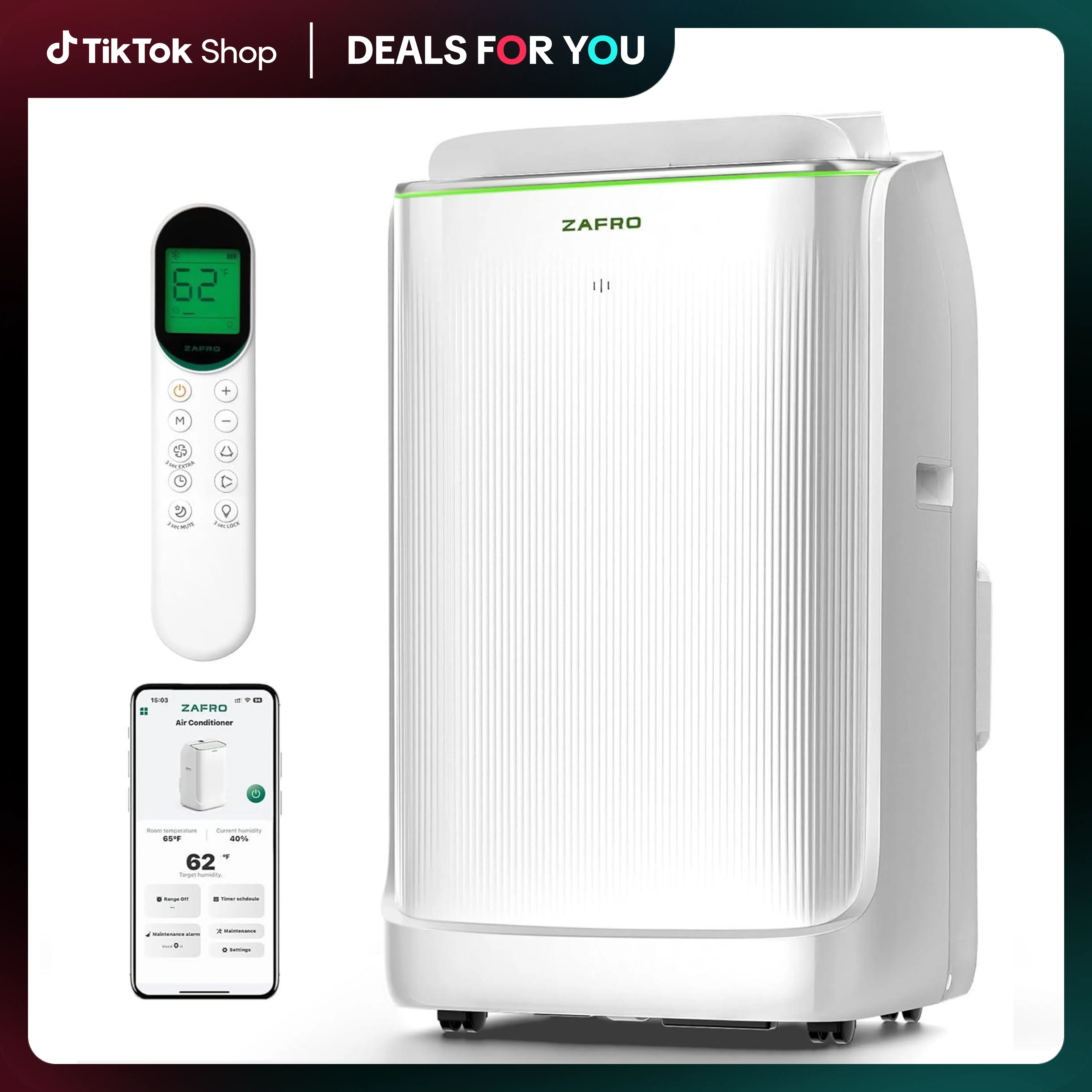 ZAFRO (42dB) 16,000 BTU WIFI (12,000 BTU SACC) Portable Air Conditioners, Ultra Quiet Dual Duct Smart AC with Drainage-free Cooling/24Hrs Timer/APP/Remote/Cool, Fan & Dehumidifier Modes for Indoor Rooms