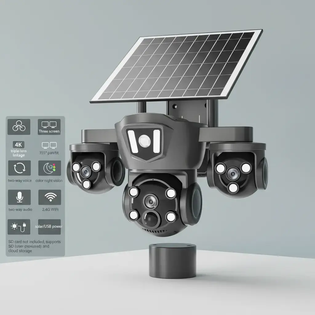 Outdoor Solar Security Camera, 4K Triple Lens, 355° Pan Tilt, Color Night Vision, 2-Way Audio, WiFi, SD/Cloud Storage, Solar Panel/USB Charging, Easy Setup Security Cameras for Home, Garden