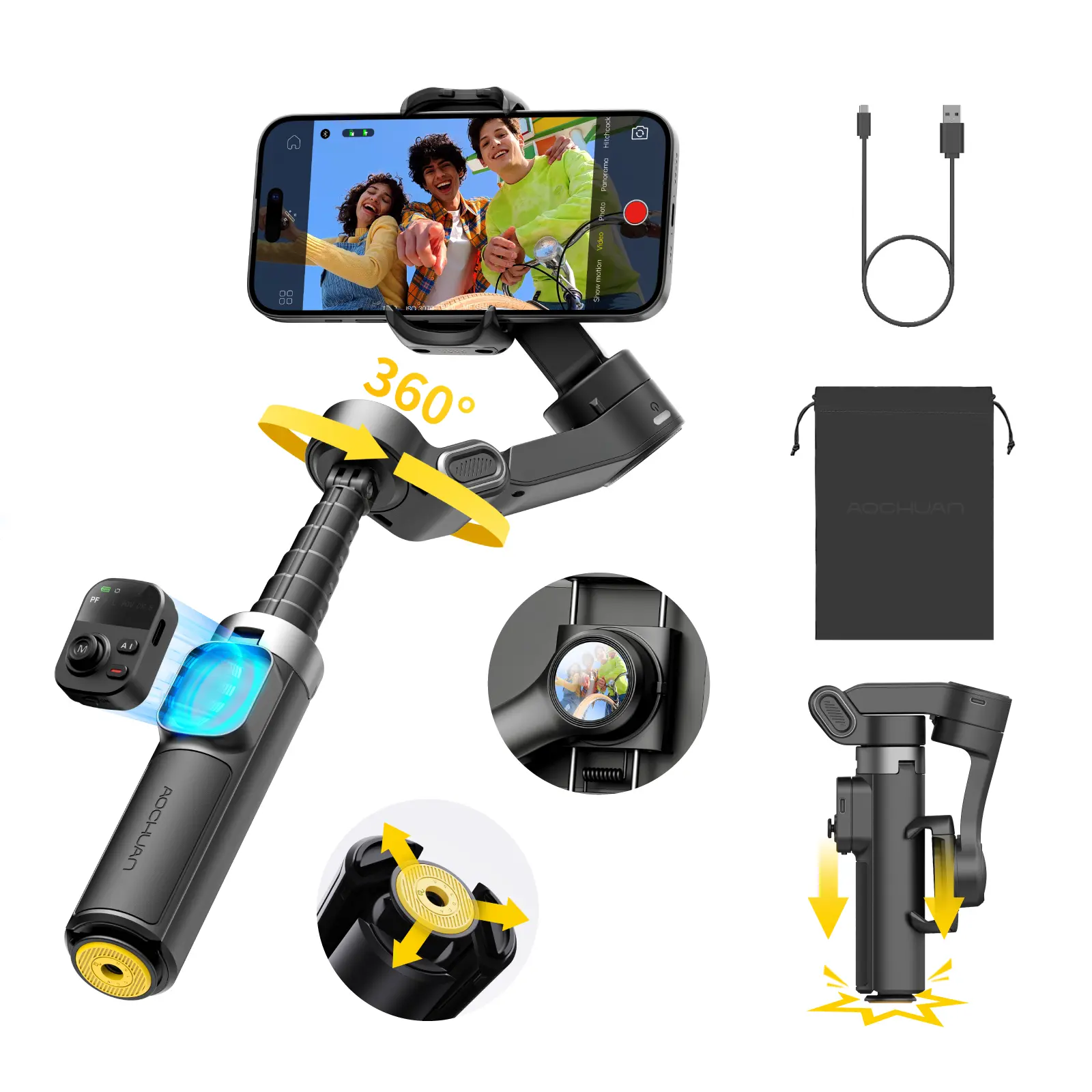 AOCHUAN3-Axis Gimbal Stabilizer foriPhone w/360Face Tracking, SmartphoneGimbal w/One-Tap Open Tripod, GestureControl, Phone Stabilizer w/MagneticRemote Control &20"Extension Rod Video Recording Accessories Smart x3