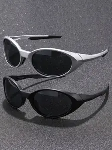 2 Pairs Couple Y2K Retro Future Tech Oval Narrow Frame Sunglasses Set, Streamlined Wraparound Frame, Face Shape Enhancer, Outdoor Sports Essential