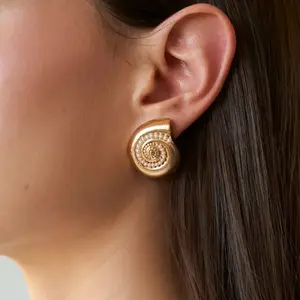 18K Gold Plated Stainless Steel Conch Spiral with Pearl Stud Earring for Women