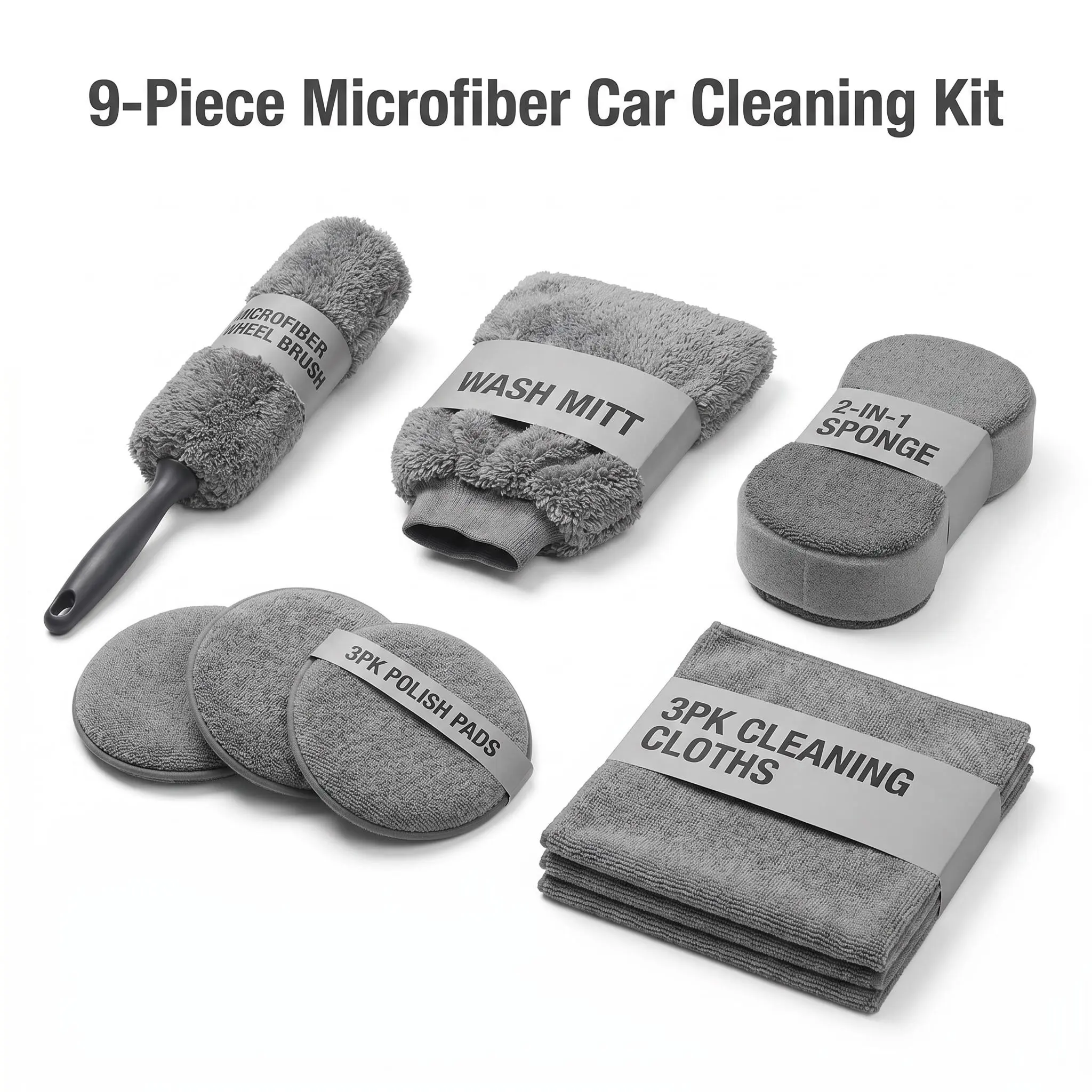 9-Piece Microfiber Car Cleaning Kit with Wash Mitt, Applicator Pads, Cleaning Cloths and Wheel Brush for Interior & Exterior Detailing