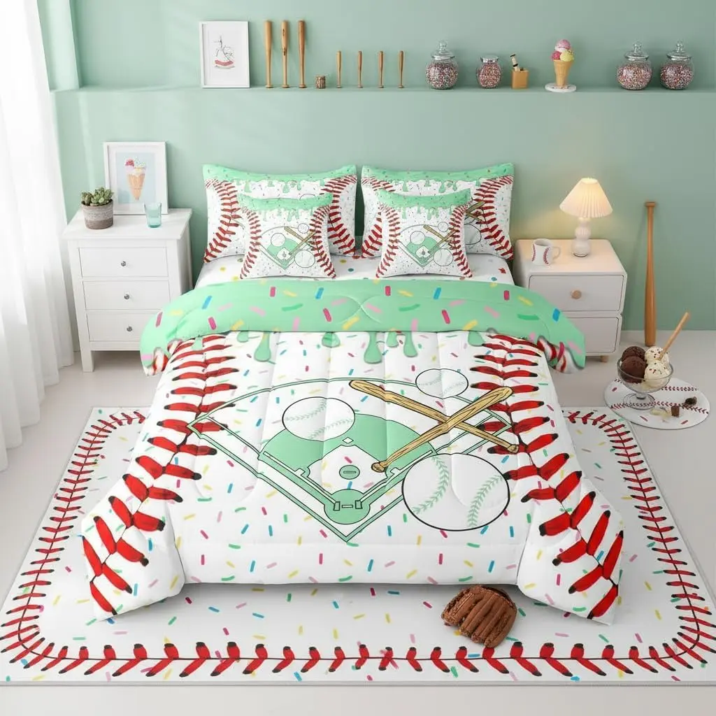 Baseball Ice Cream Comforter Set,Baseball Sport 7 Piece Bedding Boy Adults Green Ice Cream Bed Sheet Sets With Fitted Sheet 2 Pillowcases For Bedroom Sports Ball Games Bed Decor
