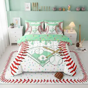 Baseball Ice Cream Comforter Set,Baseball Sport 7 Piece Bedding Boy Adults Green Ice Cream Bed Sheet Sets With Fitted Sheet 2 Pillowcases For Bedroom Sports Ball Games Bed Decor