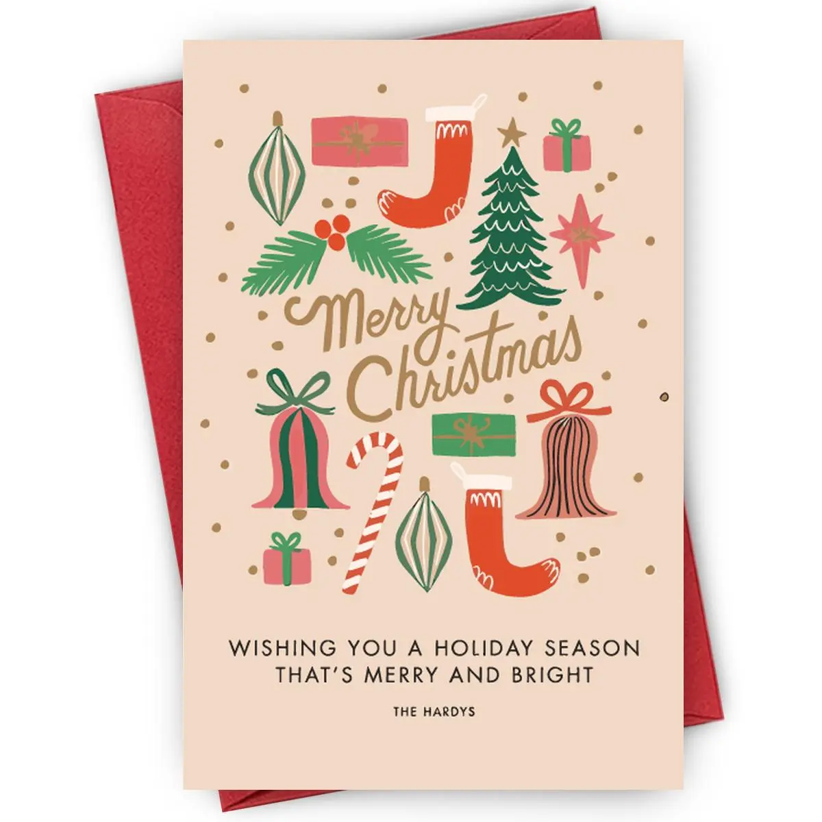 Elegant Merry Christmas Card - "Wishing a Merry & Bright Season" | Gold Dots, Sock and Tree Bundle, Suitable for Formal Gifting, Family Greetings