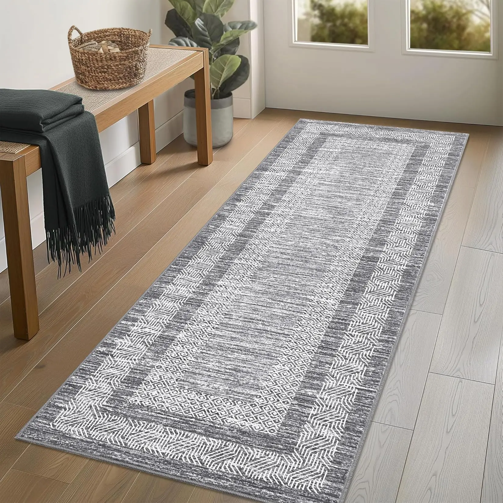 Runner Rug 2x6 Washable Rug Hallway Rug Runner Modern Bordered Rug Soft Non Slip Floor Cover Neutral Accent Carpet Runner for Entryway Laundry Kitchen Rug, Grey