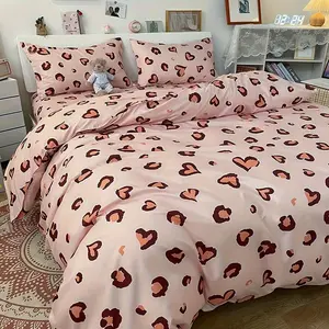 Heart & Leopard Print Duvet Cover Set, 3 Counts/set Including 1 Duvet Cover & 2 Pillowcase without Filler, Soft Comfortable Bedding Set for Bedroom