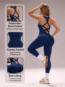 Women's Seamless Sleeveless Yoga Jumpsuit, Cross Back Waist Trainer, High-Waisted Fitness, Ribbed Design, One-Piece Workout Gear