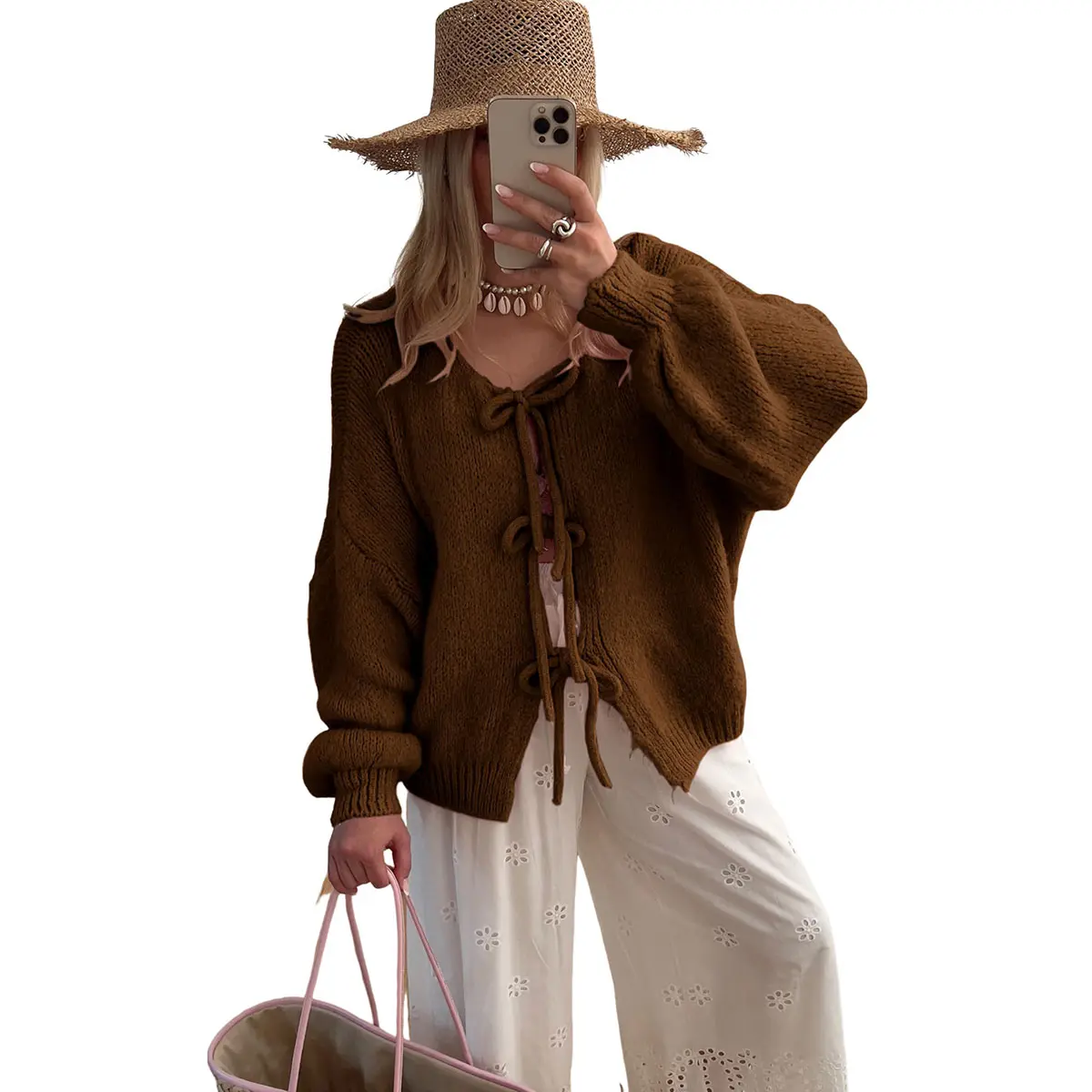 UANEO Women Bowtie Oversized Knit Sweater Cardigan Y2K Long Sleeve V Neck Open Front Casual Knitwears