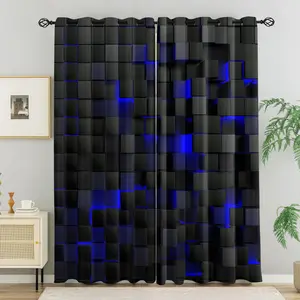Black and Blue Cyberpunk Geometric Series Curtains, Three-Dimensional Square Matrix Pattern Blackout Curtains, Futuristic Technological Sense of Living Room Bedroom Studio Decoration, the Material Is Durable Blackout, 2d Flat Pattern, Window Curtain