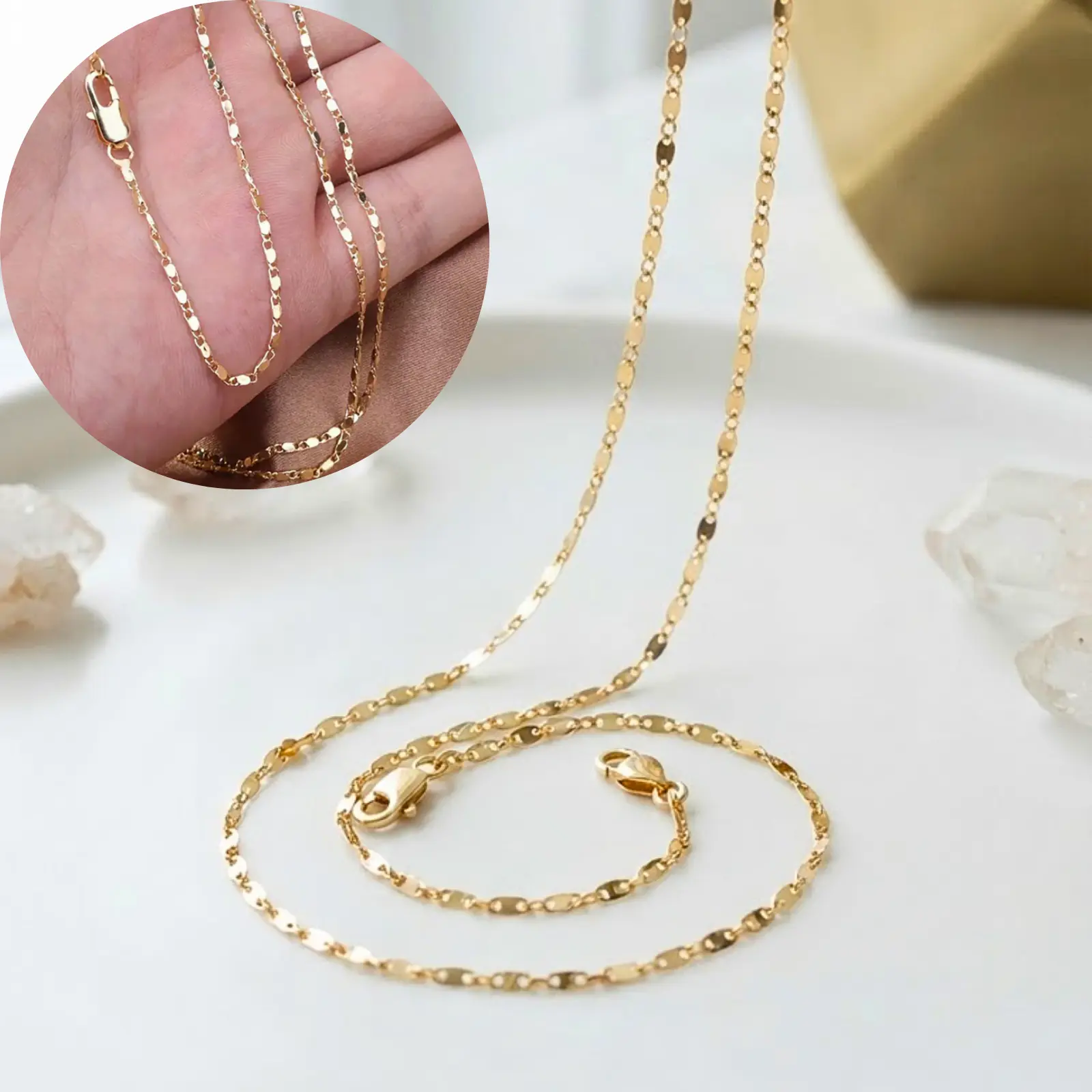 High-quality 18K gold-plated flat chain, 16-30 inches long, suitable for DIY jewelry making, everyday wear, or as a party gift