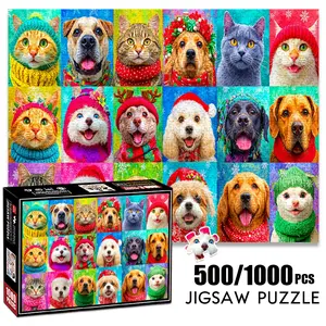 1pc 1000 piece adult puzzle 70x50cm Cute Cats and Dogs in Festive Hats and Scarves 500 pieces paper jigsaw puzzle suitable for DIY creative games for adults and families, birthday and holiday stres