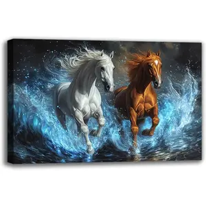 Vibrant Galloping Horses Canvas Wall Art Prints - Modern Framed White And Brown Horses Oil Paintings Wall Decor for Living Room Bedroom Bathroom Office Cafe Hallway Ready to Hang Home Decor (30W" X 20L")