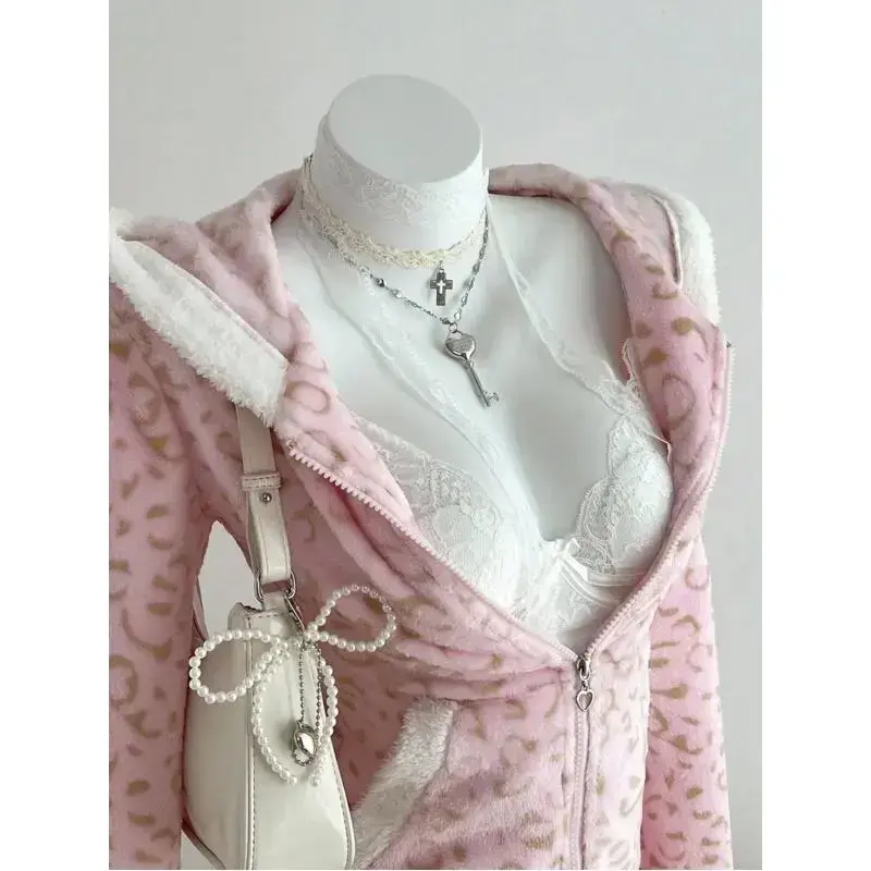 1pc Soft Fleece Leopard Print Zip-Up Hoodie Jacket, Casual Cute Colorblock Design, Suitable For Autumn/Winter, Back To School Season, Leisure & Home Wear For Women Long Sleeve Coats Can be used with raincoat