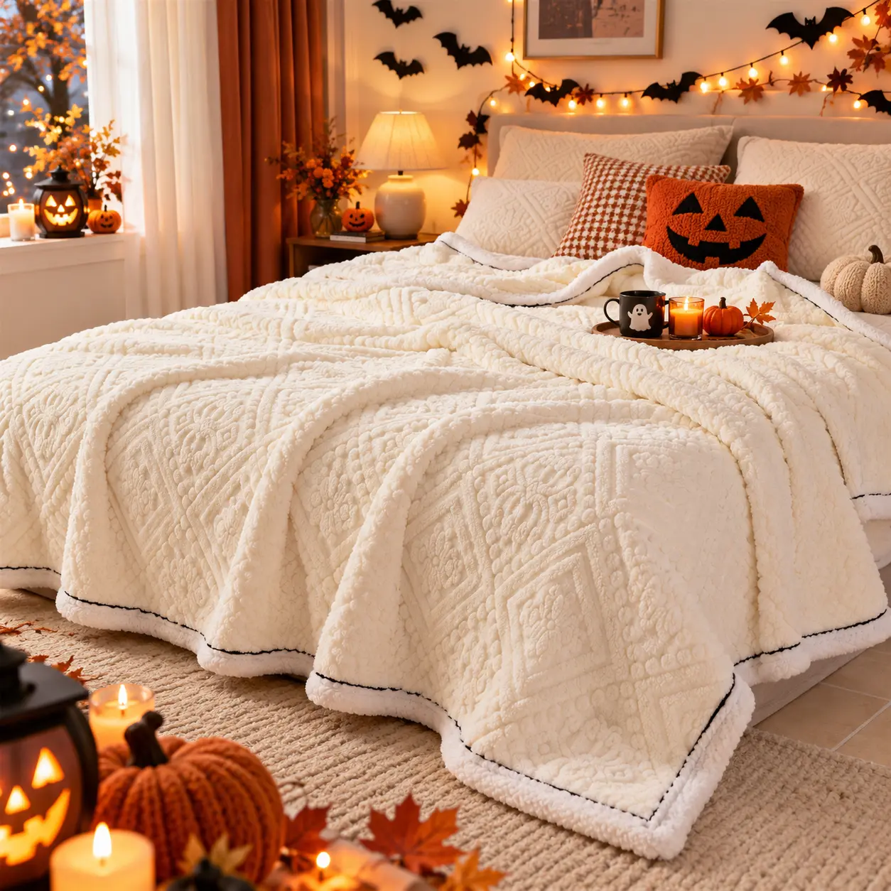 Fluffy Sherpa Blanket, 380 GSM Ultra-Soft Reversible Fleece Throw for Couch and Bed, Lightweight Warm Cozy Plush Blanket for Sofa and Bedroom, Halloween and Christmas Gift