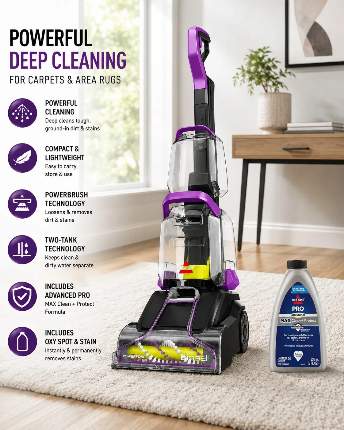 BISSELL PowerForce PowerBrush Upright Deep Cleaner, for Carpet, Compact and Lightweight, Advanced Pro Max Clean + Protect Formula Included, 3938