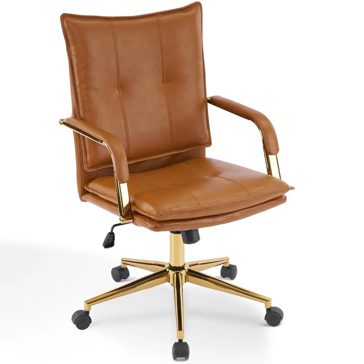 MOJAY Mid-Century PU Leather Ergonomic Swivel Computer Chair - Adjustable Seat Height (34.2"-38"), Comfy Upholstery, Gold Legs, Armrests, Executive Home Office Furniture