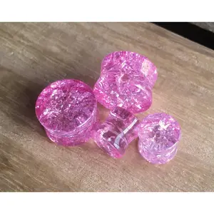 PAIR of Unique Cracked Pink Glass Double Flare Plugs - Gauges 2g (6mm) through 5/8" (16mm)