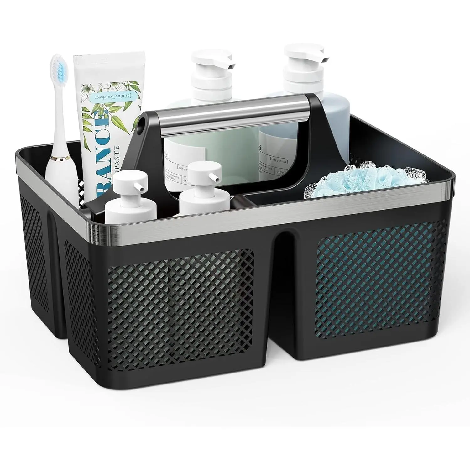Black portable shower storage basket: plastic bathroom storage basket with handle and holes, cleaning basket, hard shower basket storage bag, suitable for toiletries, a must-have for men's dormitories