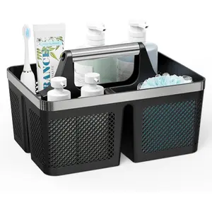 Black portable shower storage basket: plastic bathroom storage basket with handle and holes, cleaning basket, hard shower basket storage bag, suitable for toiletries, a must-have for men's dormitories