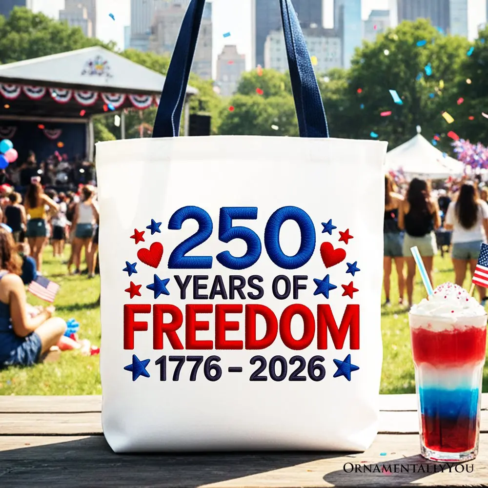 250 Years Freedom Faux Varsity Patch Tote Bag, 4th of July USA Patriotic 1776–2026 Gift Shopper