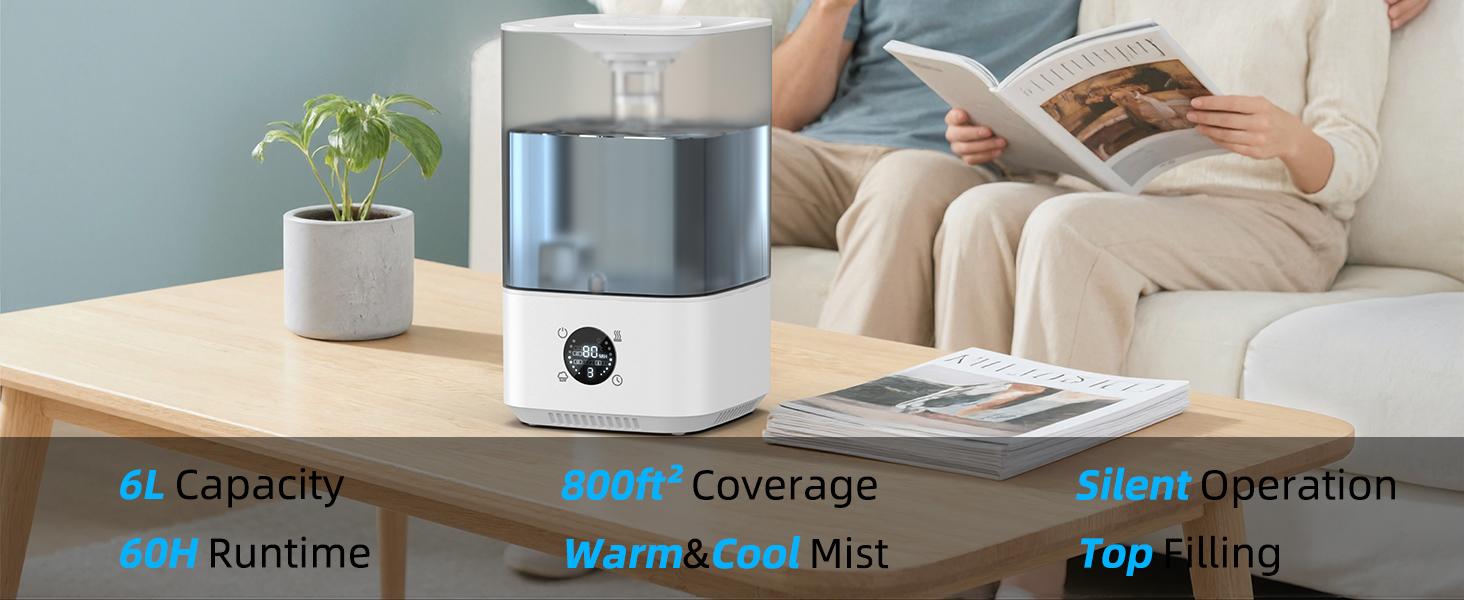 PKBD 6L Humidifier for Bedroom Large Room Home 800ft² Wide Coverage 26dB Quiet Easy Top Fill Quickly & Evenly Humidify Real-Time Humidity Monitoring Anti-dry Burn