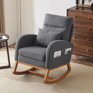 Grey Linen Nursery Rocking Chair with Thick Headrest, Upholstered Mid-Century Modern Nursing Rocker Glider with Curved Armrest, Sturdy Solid Wood Base for Living Room, Bedroom, Baby Room