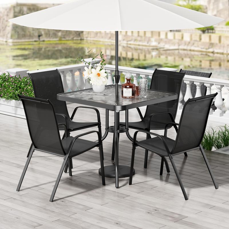 5 Piece Outdoor Patio Dining Set (Umbrella not Included), Porch Furniture with 4 Textline Chairs, 1 Square Glass Table for Garden, Backyard and Poolside, Lawn