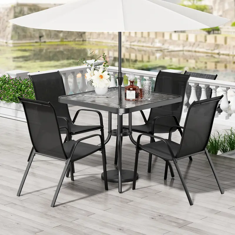 5 Piece Outdoor Patio Dining Set (Umbrella not Included), Porch Furniture with 4 Textline Chairs, 1 Square Glass Table for Garden, Backyard and Poolside, Lawn