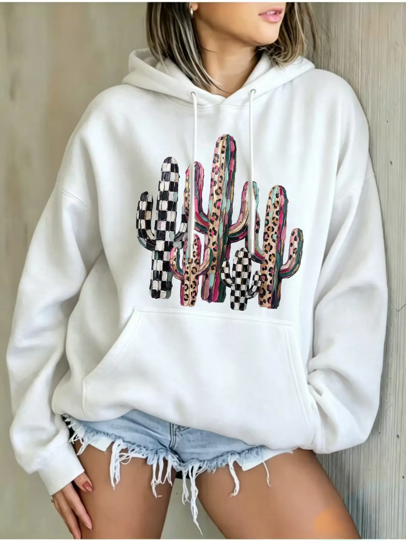 Women's Western Cactus Hoodie - Cotton Blend Longsleeve Relaxed Cut Pullover, Leopard-Checkered Colorful Cactus Graphic, Drawstring Hood, Medium Length, Retro Boho Desert Cowgirl Top for Fall Casual Outfits (Cold Machine Wash), Longsleeves