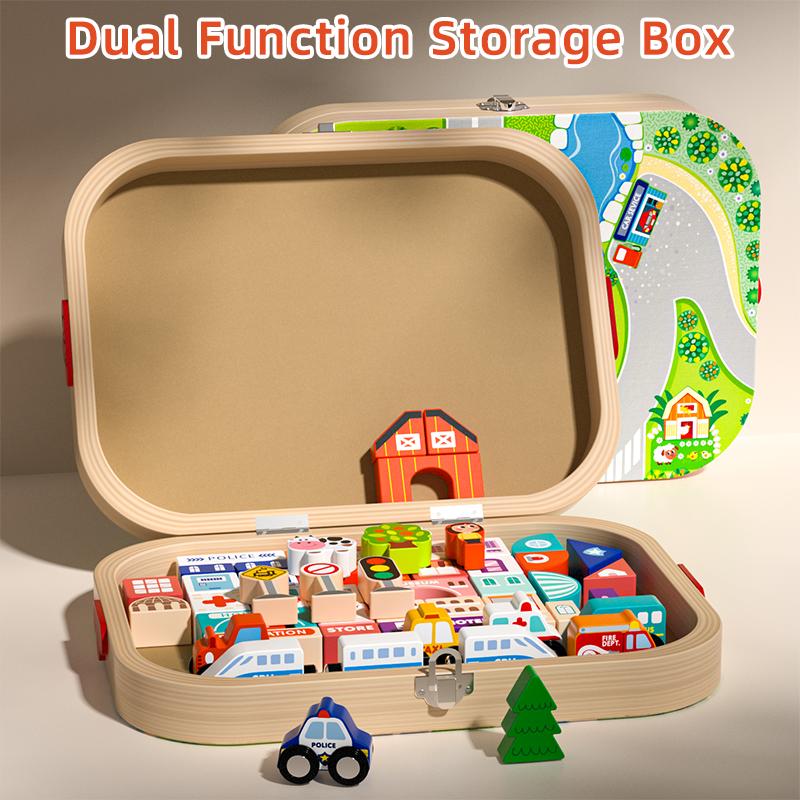 EDUTREE Wooden Track City Blocks Fun Educational Toys for Kids Portable Durable Block Set for Travel Hand-eye Coordination Shape Recognition Halloween Birthday Gifts for Boys Girls