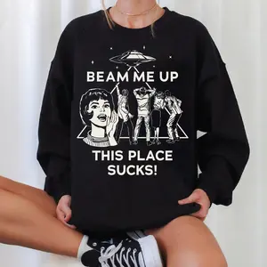 Stranger Things Beam Me Up Sweatshirt – Retro Sci-Fi Shirt – Stranger Things Vibes Pullover – Vintage UFO Graphic Sweater – Alien Abduction Crewneck – 80s Inspired Sci-Fi Aesthetic Shirt – Funny Retro Pullover