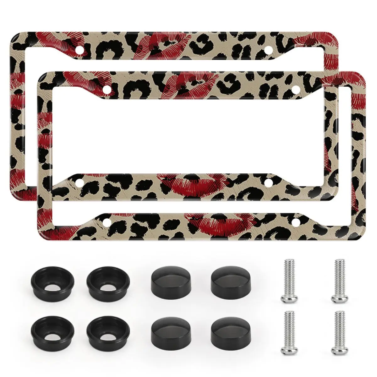 2pcs Leopard Print Red Lips Car License Plate Frames, Retro Wild Fashion Style, Corrosion Resistant, Easy to Install, Car Accessories for Truck SUV, Car Accessories for Women & Men