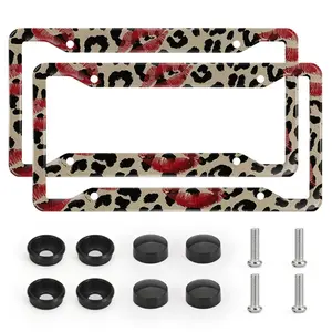 2pcs Leopard Print Red Lips Car License Plate Frames, Retro Wild Fashion Style, Corrosion Resistant, Easy to Install, Car Accessories for Truck SUV, Car Accessories for Women & Men