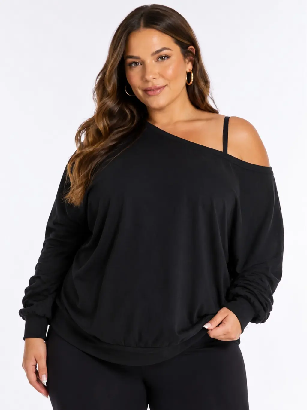 Elengatine Plus Size Black Off Shoulder Top - Long Sleeve Asymmetrical Neckline Casual Loose Fit Blouse for Curvy Women, Earrings, Leggings, Necklace, Fabric