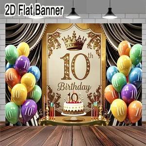 2D flat banner, 1pcLuxurious 10th Birthday Party Decoration Set with Golden Crown Sign, Elegant White and Red Cake Illustration, Colorful Balloon Clusters, and Ornate Golden Candelabras for a Festive Celebration