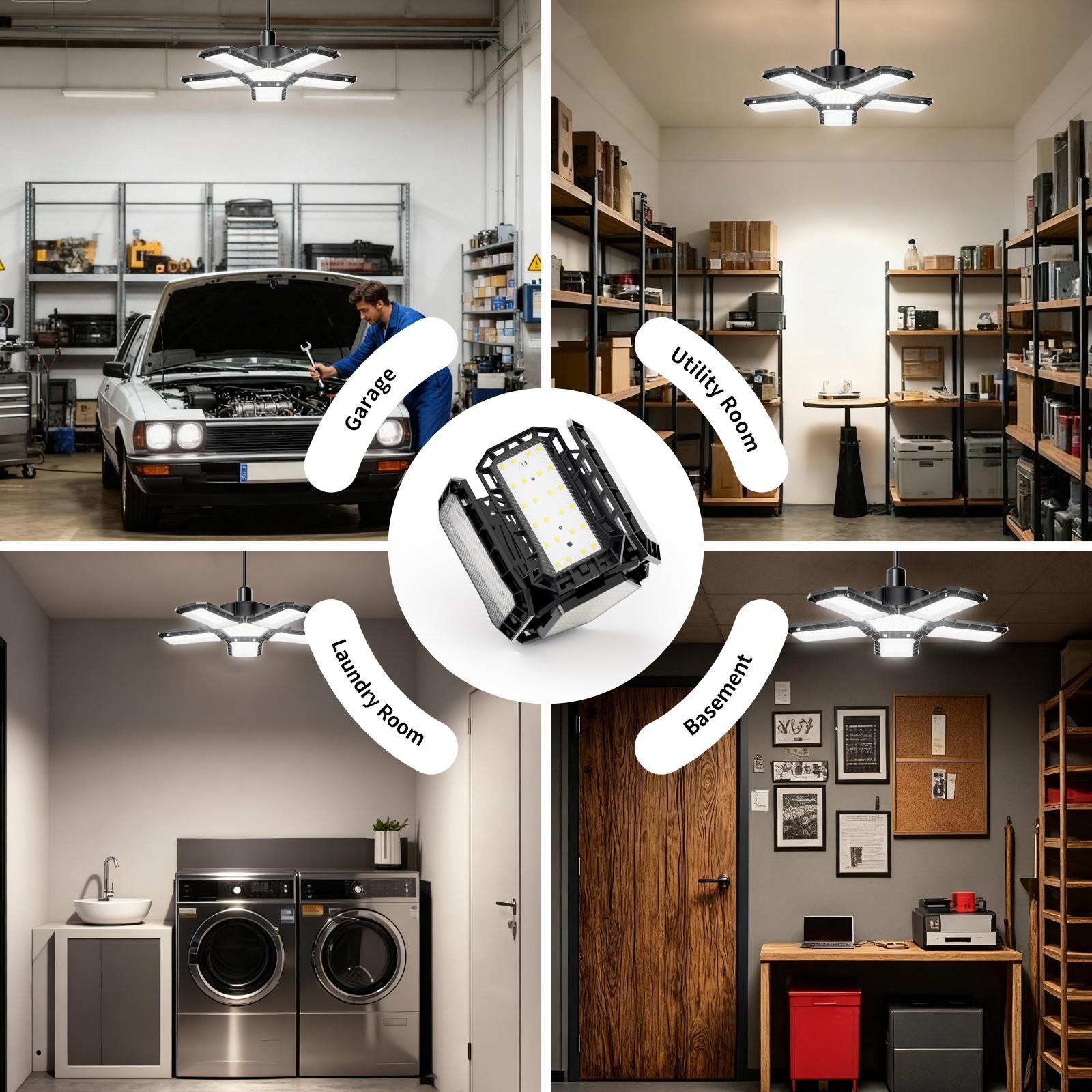 Adjustable Deformable  Five-Leaf Garage Light，360° ultra-bright omnidirectional lighting Universal fit for E26/E27 sockets Tool-free installation in seconds Efficient heat dissipation Perfect for household, garage, commercial and industrial applications
