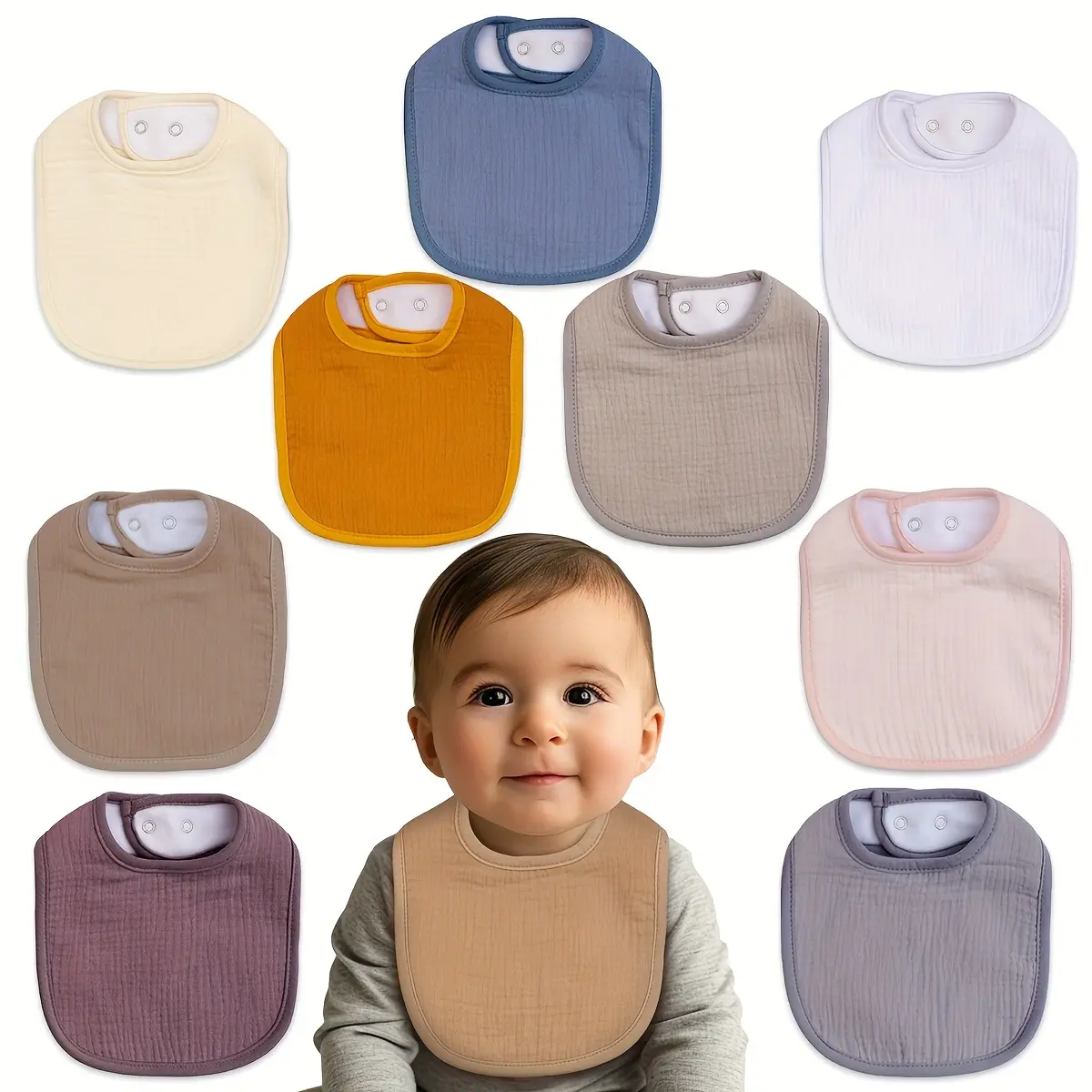 8 Pack Cotton Blend Baby Bibs – Soft, Absorbent & Breathable Feeding Bibs with Adjustable Snap, Multi-Color Unisex Bibs for Boys & Girls solid
