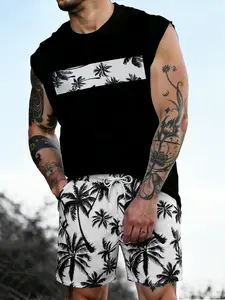 Men's Tropical Coconut Tree Print Round Neck Sleeveless Camisole + Drawstring Shorts Set, Casual Comfortable Fabric, Summer Outdoor Sports, Vacation Beach Wear
